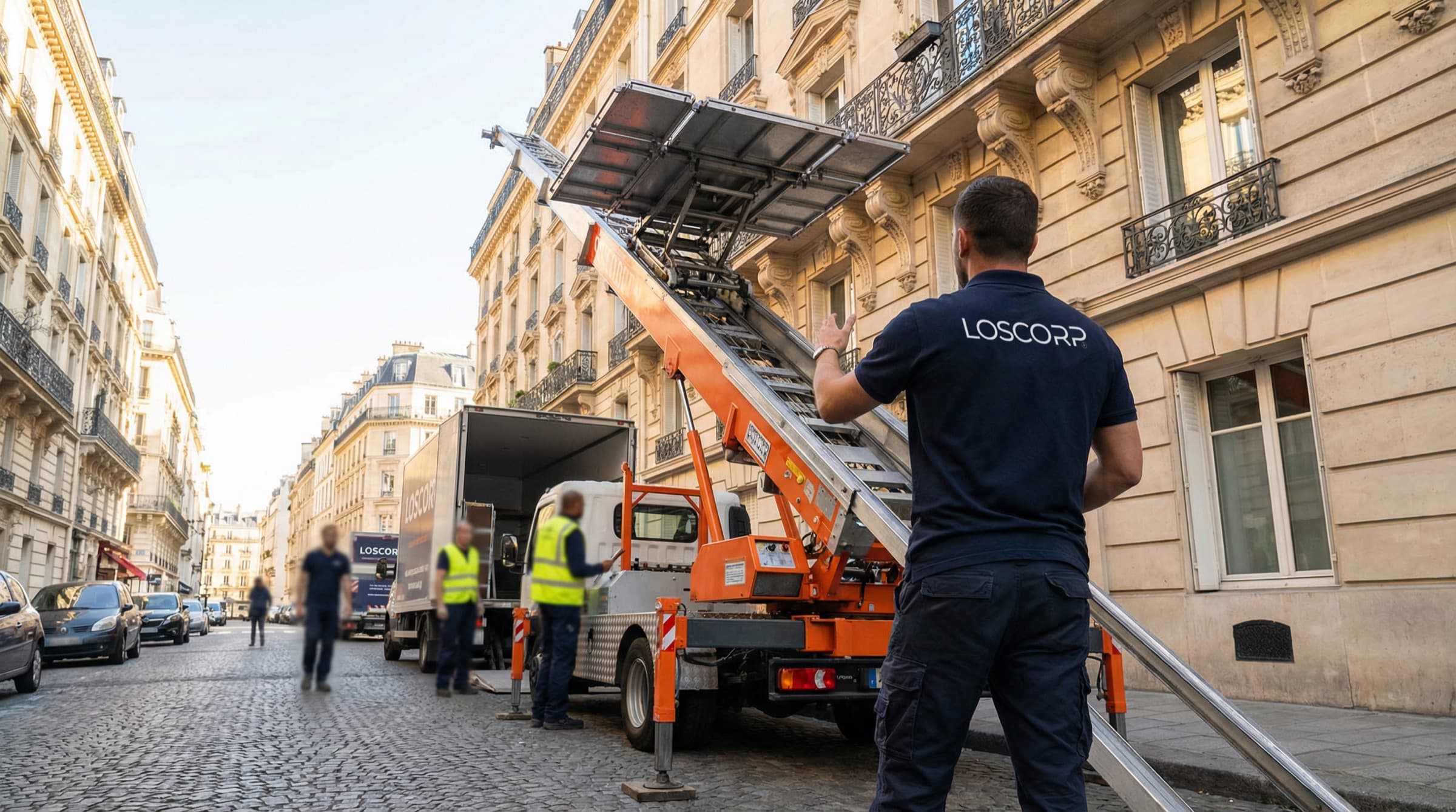Monte-meuble LOSCORP déployé sur une façade haussmannienne, rue pavée parisienne.