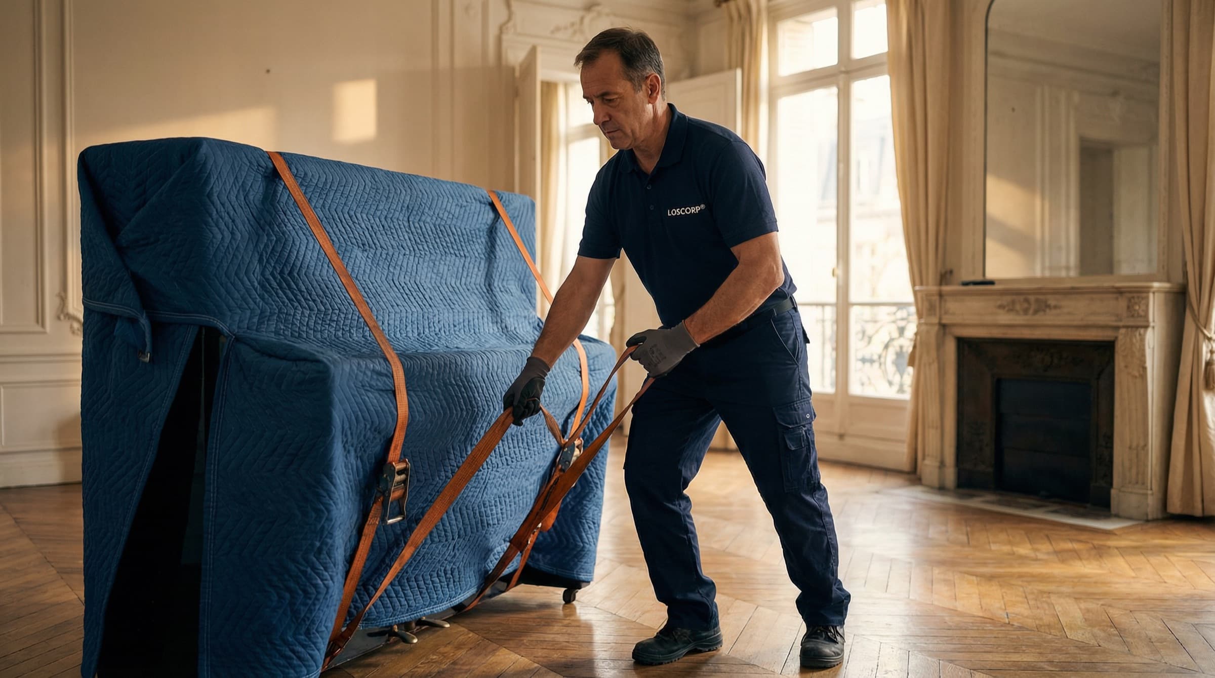 Meuble protégé par une couverture matelassée et sanglé avant le portage.